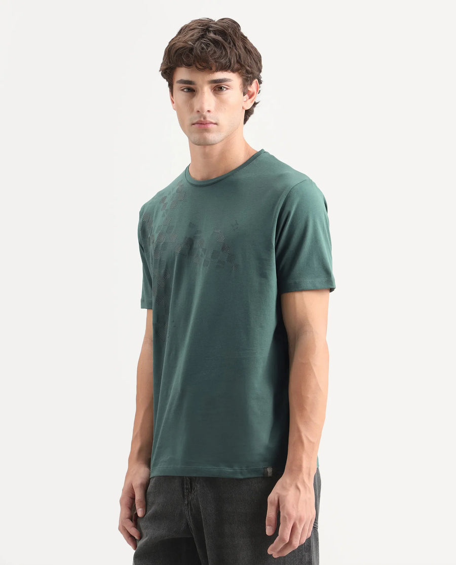Rare Rabbit Men's Ary Dusky Green Cotton Blend Fabric Half Sleeve Crew Neck Regular Fit Graphic Print T-Shirt