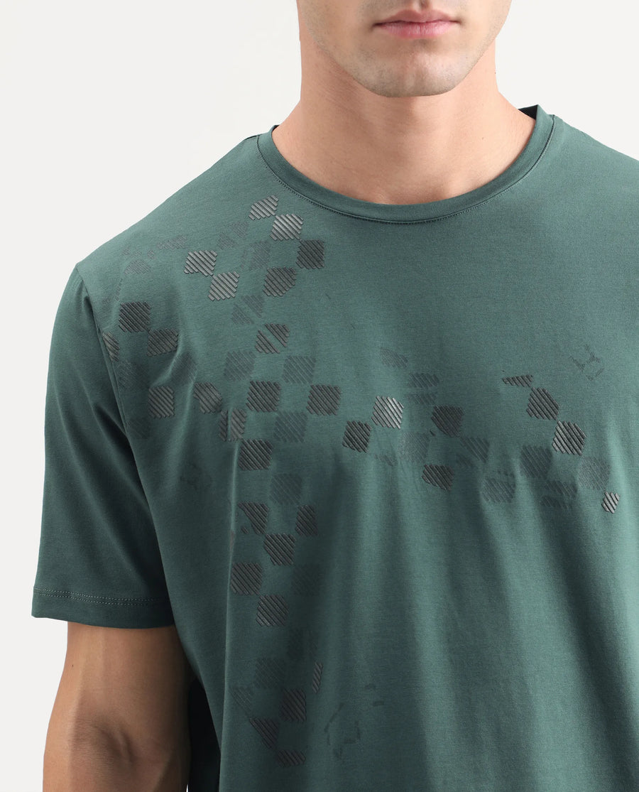 Rare Rabbit Men's Ary Dusky Green Cotton Blend Fabric Half Sleeve Crew Neck Regular Fit Graphic Print T-Shirt
