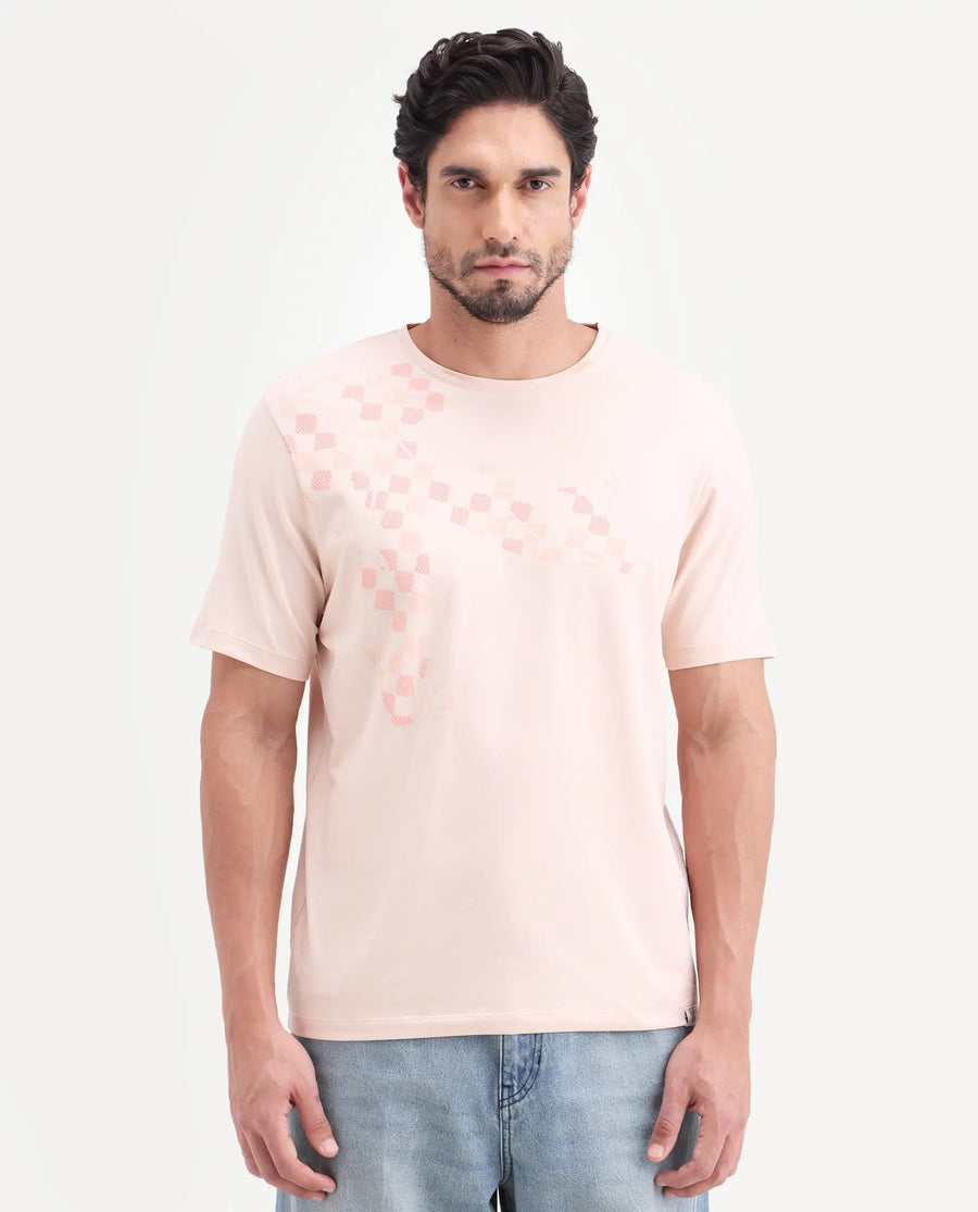Rare Rabbit Men's Ary Pastel Peach Cotton Blend Fabric Half Sleeve Crew Neck Regular Fit Graphic Print T-Shirt