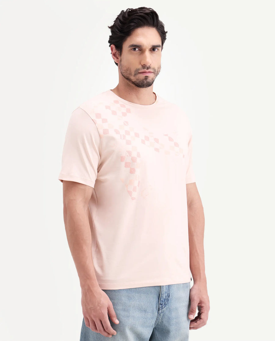 Rare Rabbit Men's Ary Pastel Peach Cotton Blend Fabric Half Sleeve Crew Neck Regular Fit Graphic Print T-Shirt