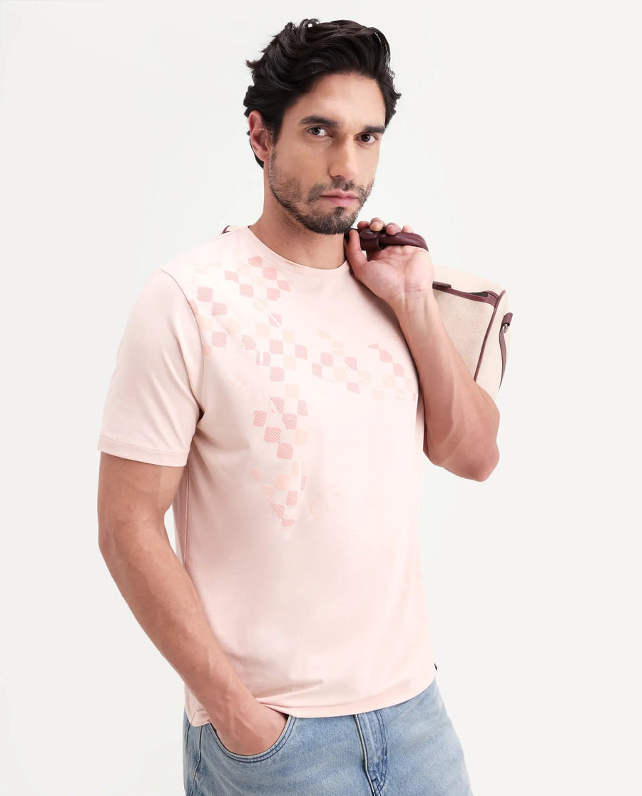 Rare Rabbit Men's Ary Pastel Peach Cotton Blend Fabric Half Sleeve Crew Neck Regular Fit Graphic Print T-Shirt