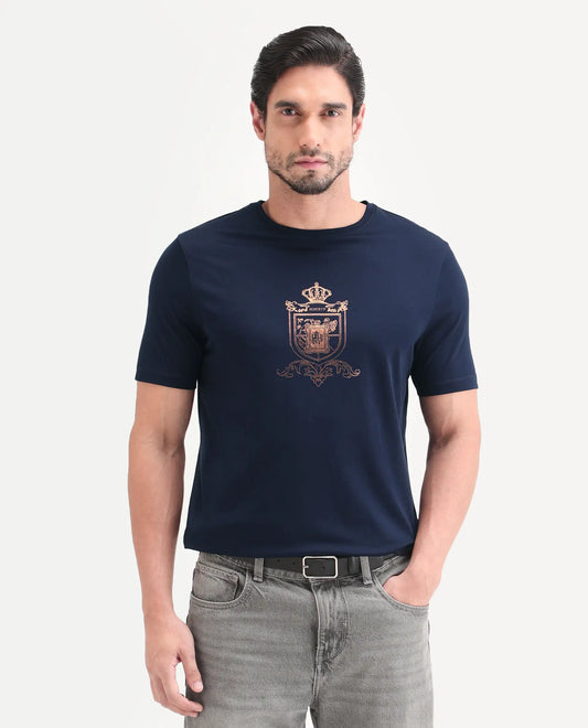 Rare Rabbit Men's Asty Navy Cotton Fabric Half Sleeve Crew Neck Regular Fit Graphic Print T-Shirt