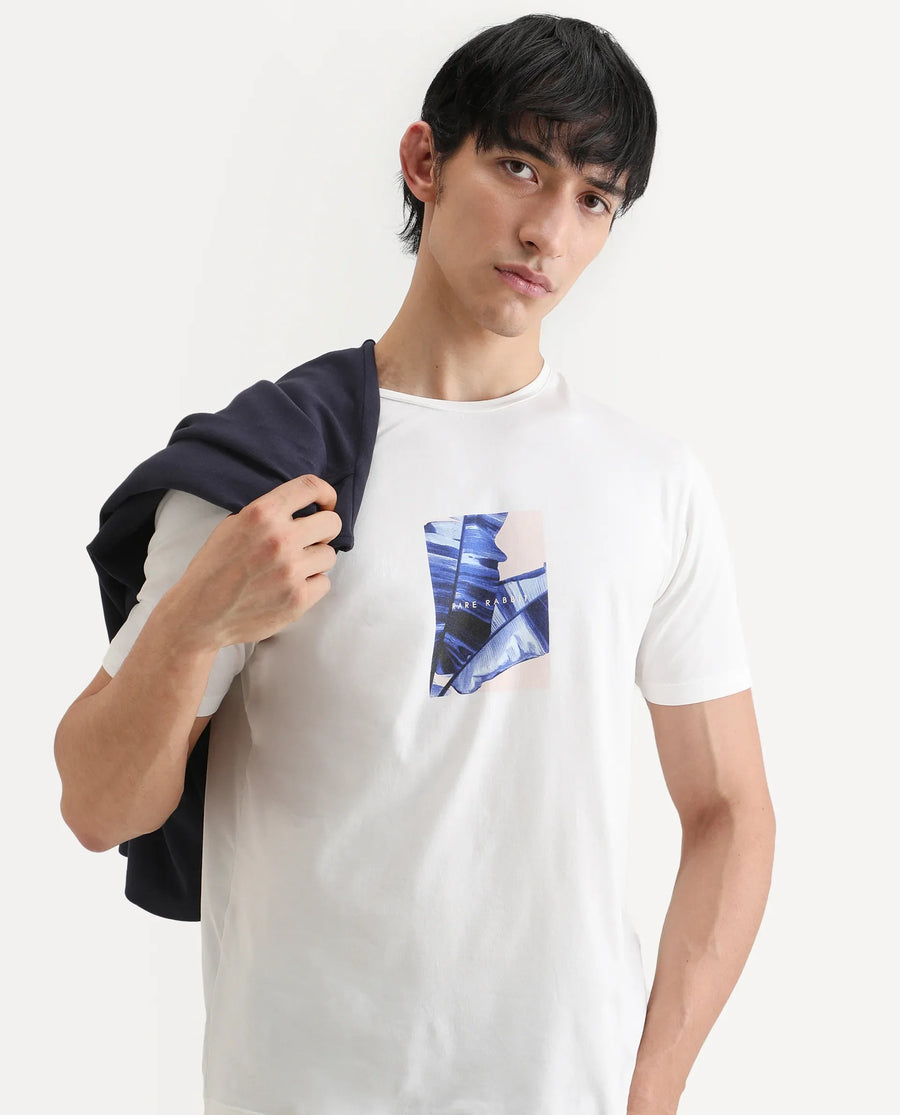 Rare Rabbit Men's Banna Off White Cotton Blend Fabric Half Sleeve Crew Neck Regular Fit Graphic Print T-Shirt