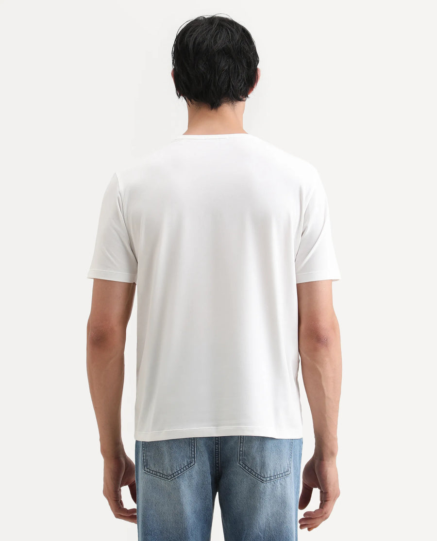 Rare Rabbit Men's Banna Off White Cotton Blend Fabric Half Sleeve Crew Neck Regular Fit Graphic Print T-Shirt