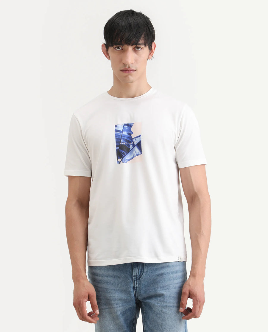 Rare Rabbit Men's Banna Off White Cotton Blend Fabric Half Sleeve Crew Neck Regular Fit Graphic Print T-Shirt