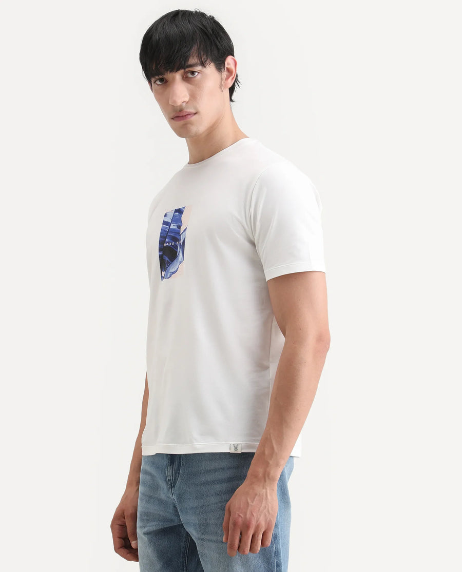 Rare Rabbit Men's Banna Off White Cotton Blend Fabric Half Sleeve Crew Neck Regular Fit Graphic Print T-Shirt