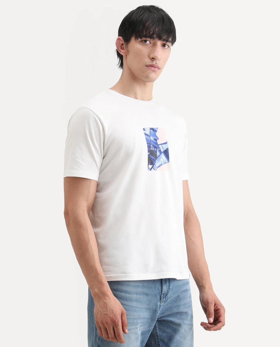 Rare Rabbit Men's Banna Off White Cotton Blend Fabric Half Sleeve Crew Neck Regular Fit Graphic Print T-Shirt