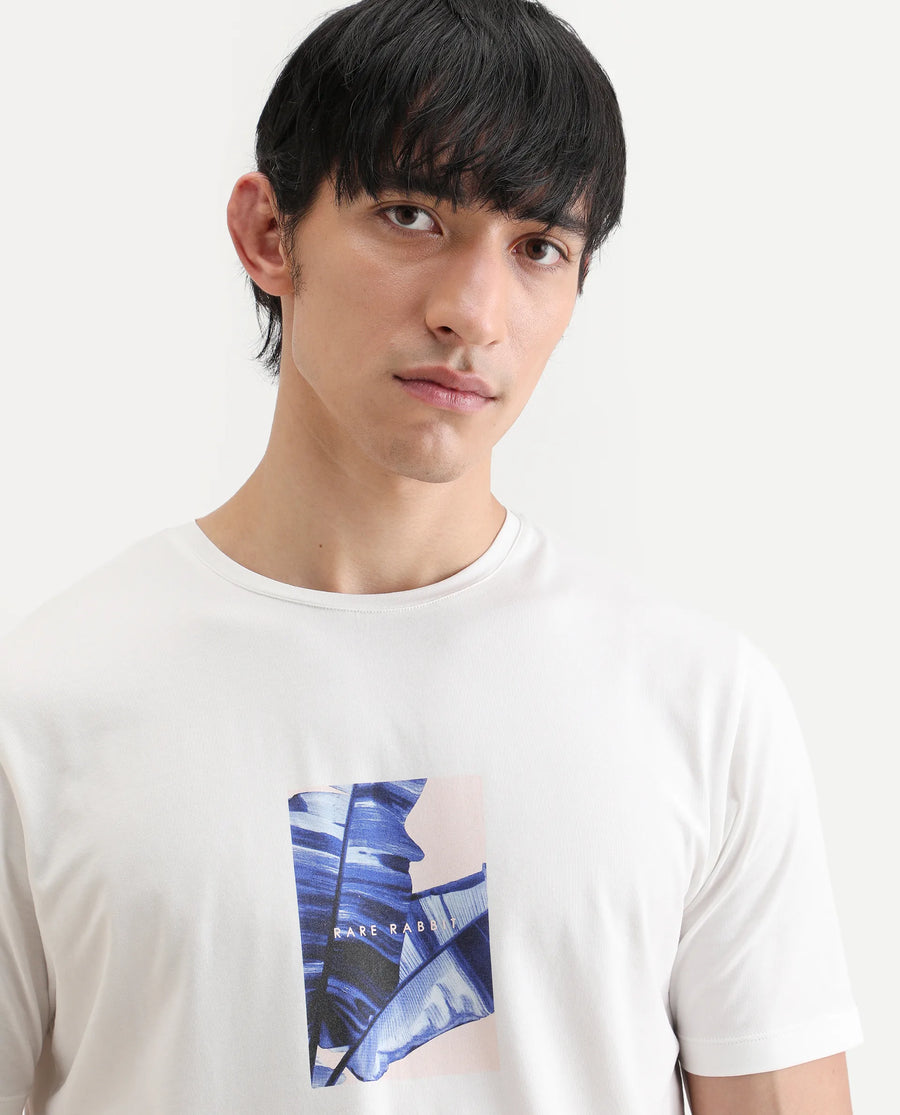 Rare Rabbit Men's Banna Off White Cotton Blend Fabric Half Sleeve Crew Neck Regular Fit Graphic Print T-Shirt