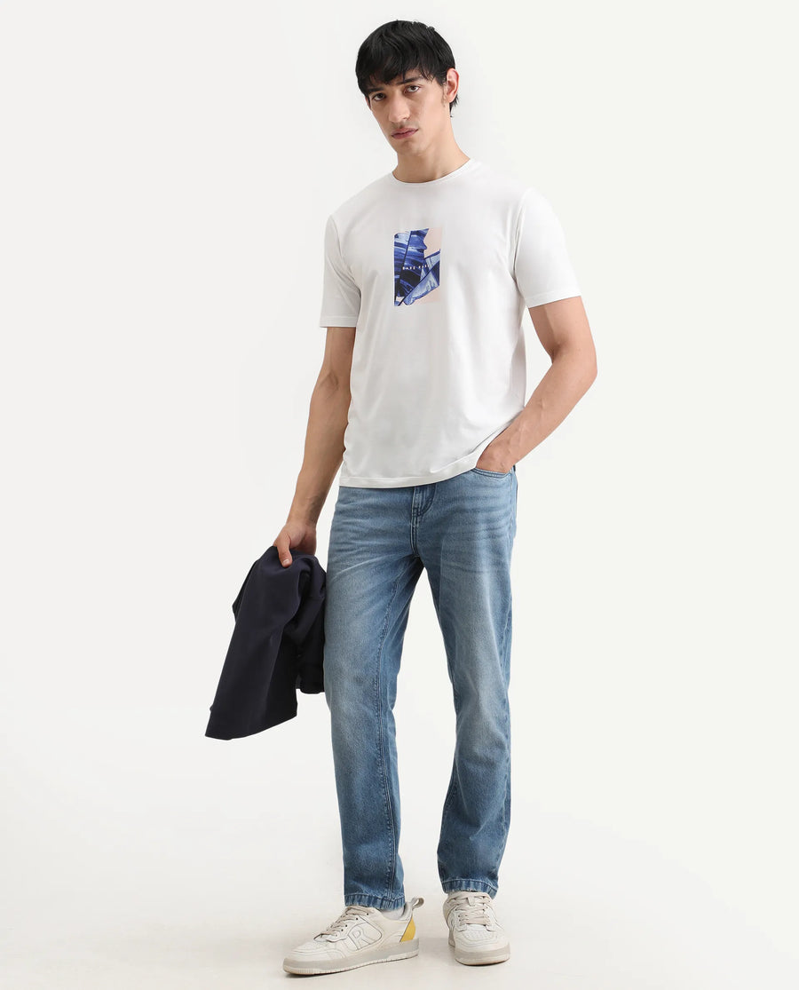 Rare Rabbit Men's Banna Off White Cotton Blend Fabric Half Sleeve Crew Neck Regular Fit Graphic Print T-Shirt