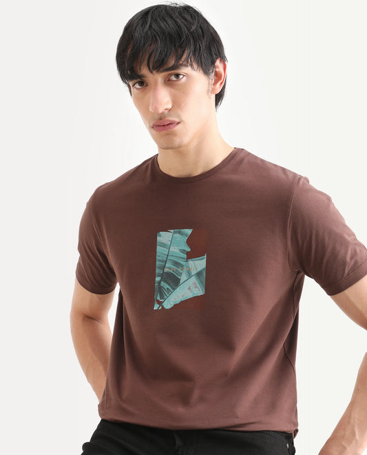 Rare Rabbit Men's Banna Dark Brown Cotton Blend Fabric Half Sleeve Crew Neck Regular Fit Graphic Print T-Shirt