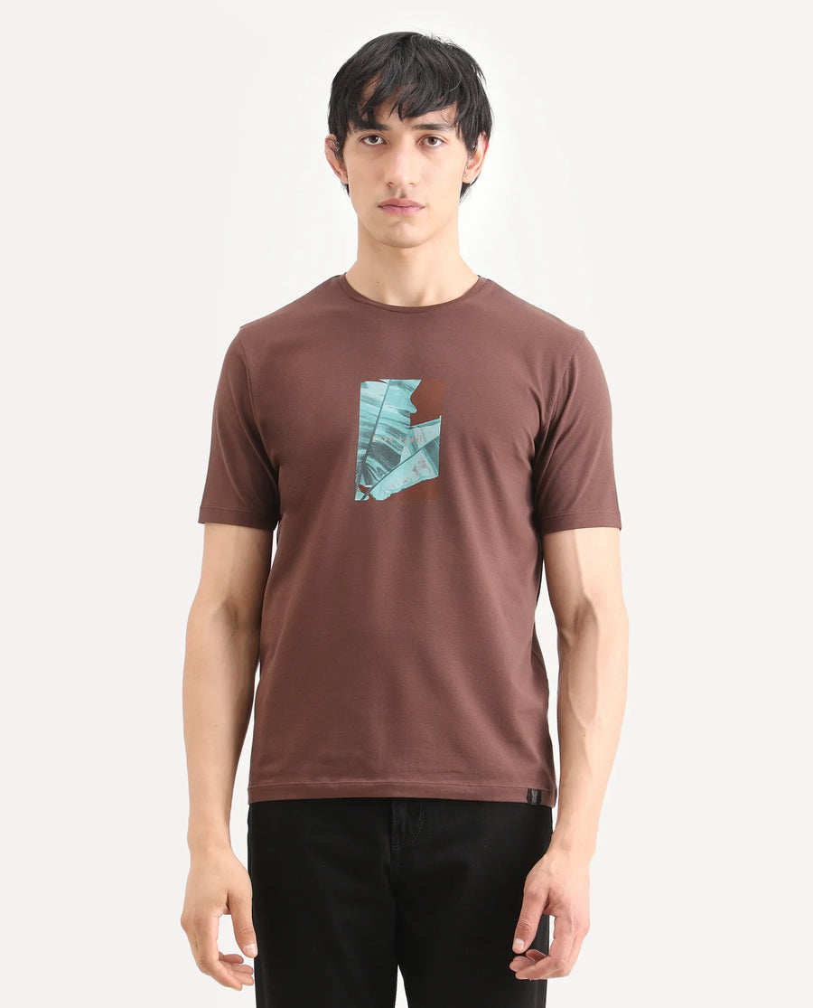 Rare Rabbit Men's Banna Dark Brown Cotton Blend Fabric Half Sleeve Crew Neck Regular Fit Graphic Print T-Shirt