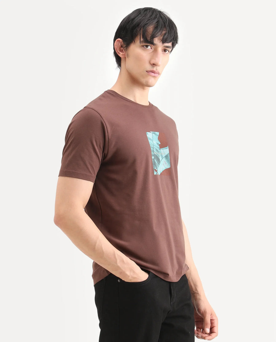 Rare Rabbit Men's Banna Dark Brown Cotton Blend Fabric Half Sleeve Crew Neck Regular Fit Graphic Print T-Shirt