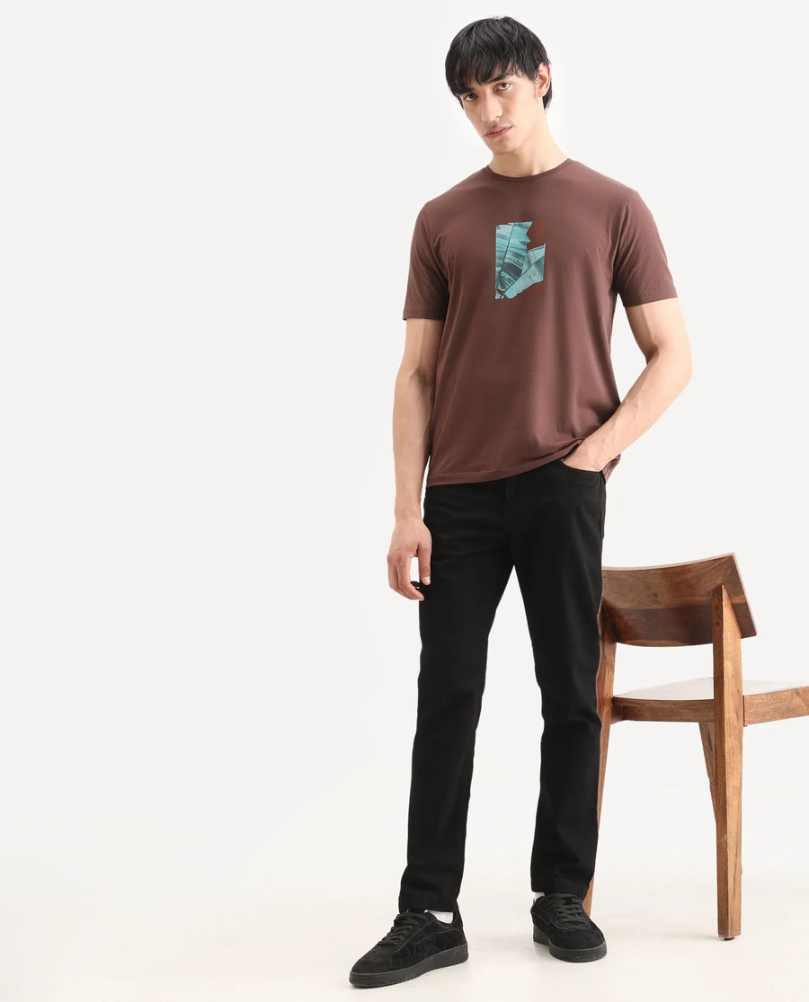 Rare Rabbit Men's Banna Dark Brown Cotton Blend Fabric Half Sleeve Crew Neck Regular Fit Graphic Print T-Shirt