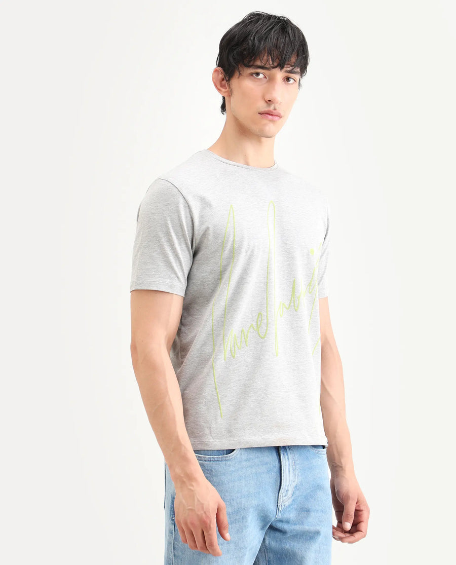 Rare Rabbit Men's Berg-S26 Melange Grey Cotton Blend Fabric Half Sleeve Crew Neck Regular Fit Printed T-Shirt