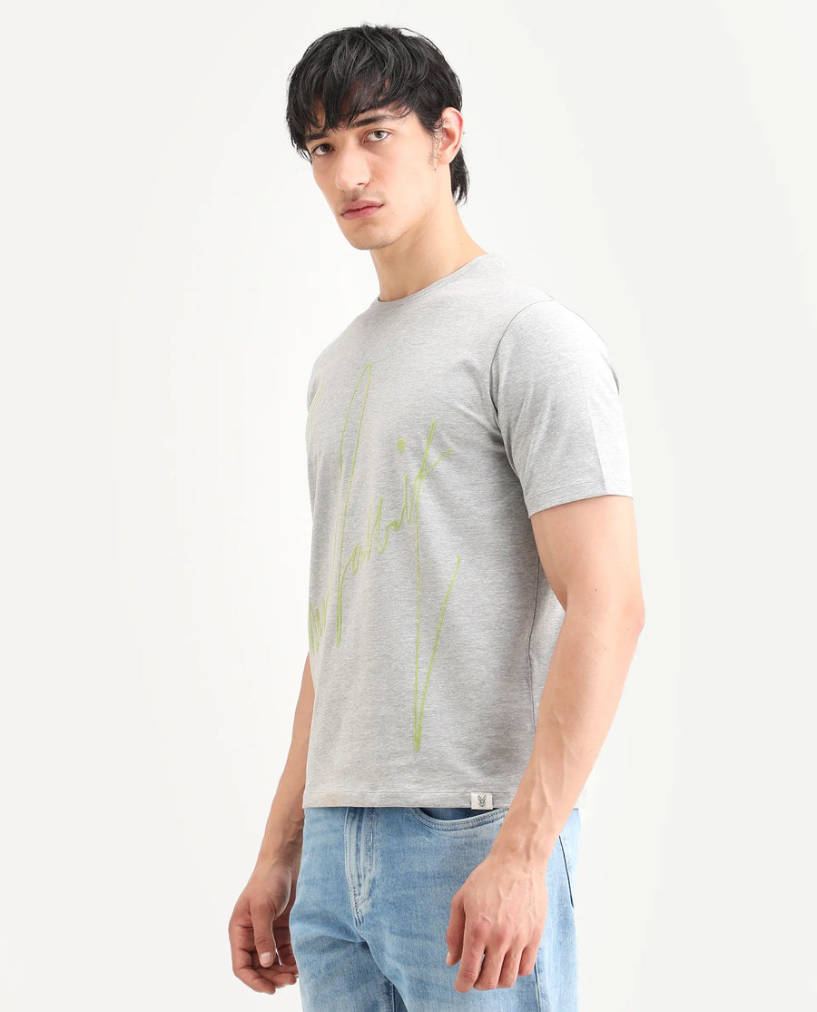 Rare Rabbit Men's Berg-S26 Melange Grey Cotton Blend Fabric Half Sleeve Crew Neck Regular Fit Printed T-Shirt