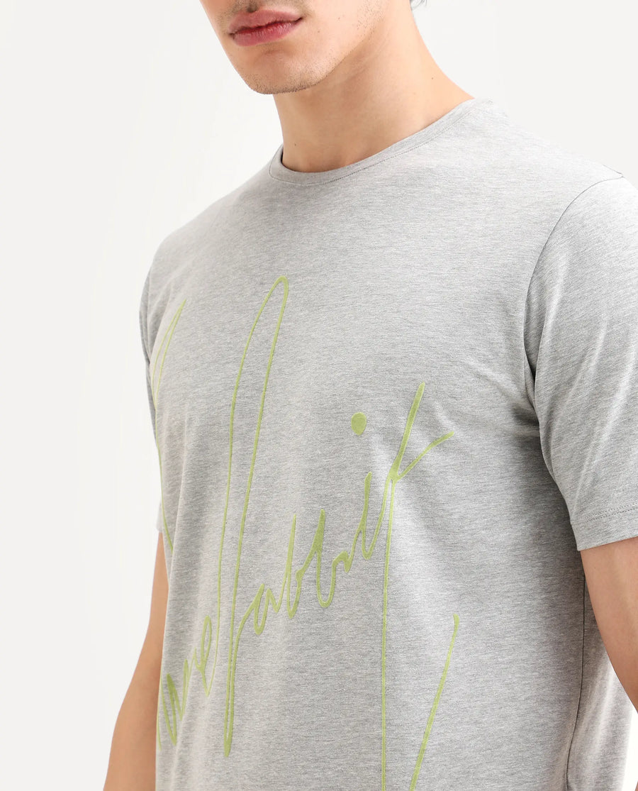 Rare Rabbit Men's Berg-S26 Melange Grey Cotton Blend Fabric Half Sleeve Crew Neck Regular Fit Printed T-Shirt