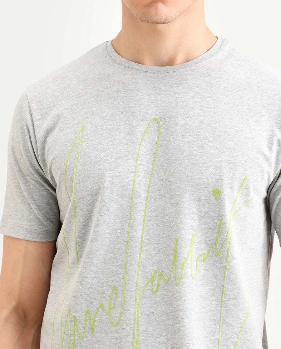 Rare Rabbit Men's Berg-S26 Melange Grey Cotton Blend Fabric Half Sleeve Crew Neck Regular Fit Printed T-Shirt
