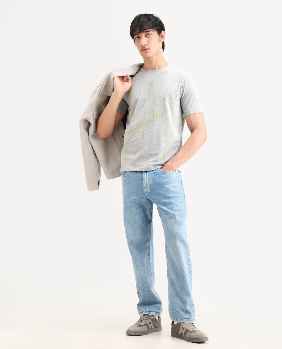 Rare Rabbit Men's Berg-S26 Melange Grey Cotton Blend Fabric Half Sleeve Crew Neck Regular Fit Printed T-Shirt