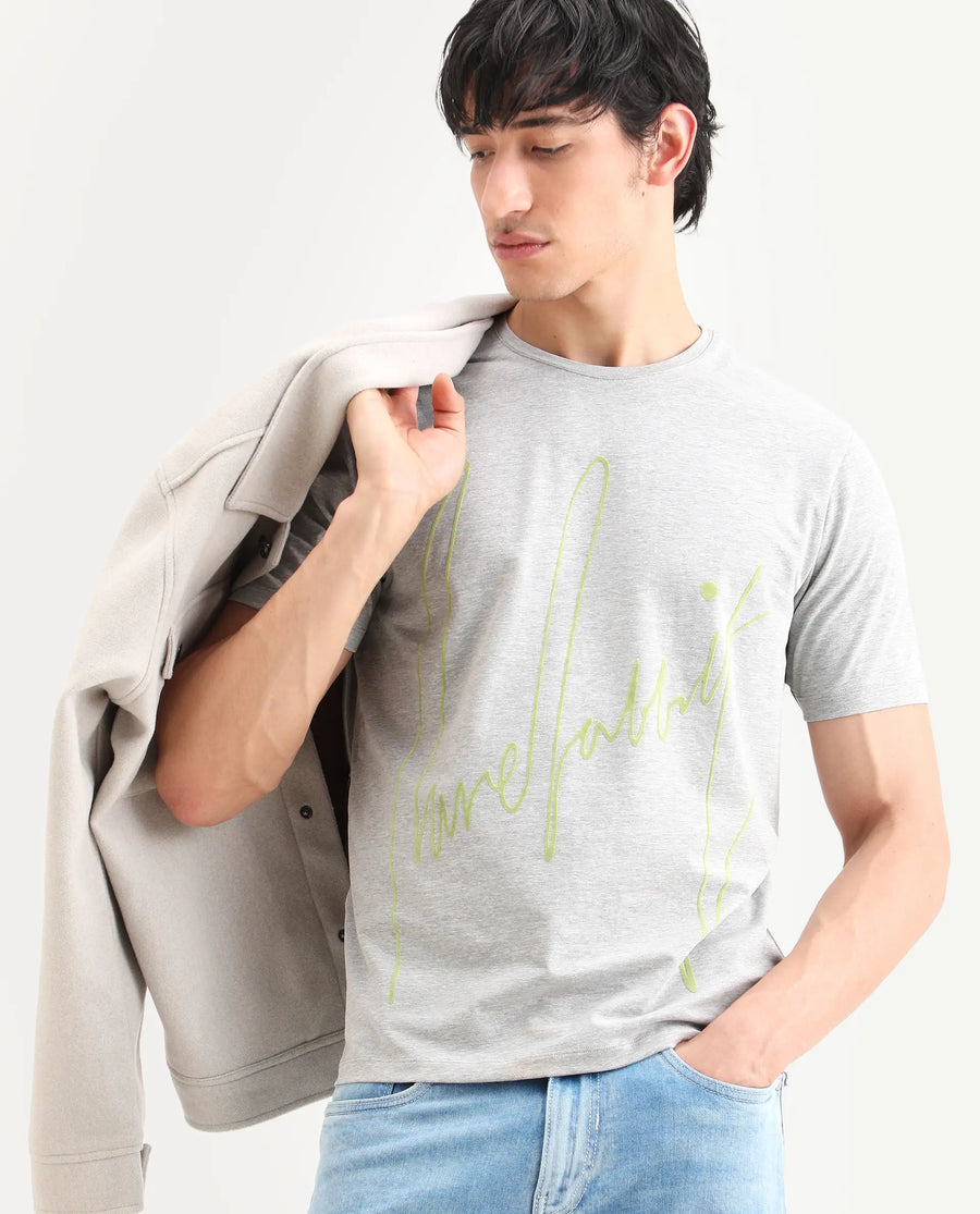 Rare Rabbit Men's Berg-S26 Melange Grey Cotton Blend Fabric Half Sleeve Crew Neck Regular Fit Printed T-Shirt