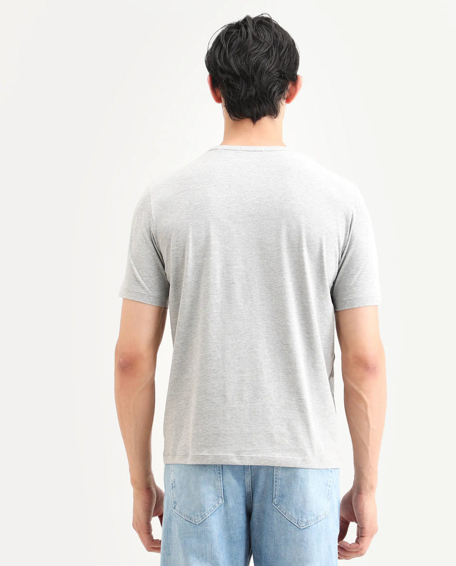 Rare Rabbit Men's Berg-S26 Melange Grey Cotton Blend Fabric Half Sleeve Crew Neck Regular Fit Printed T-Shirt