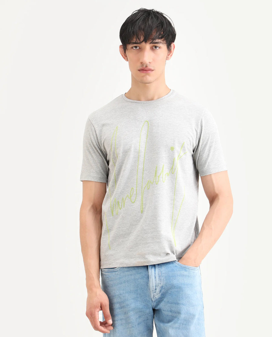 Rare Rabbit Men's Berg-S26 Melange Grey Cotton Blend Fabric Half Sleeve Crew Neck Regular Fit Printed T-Shirt