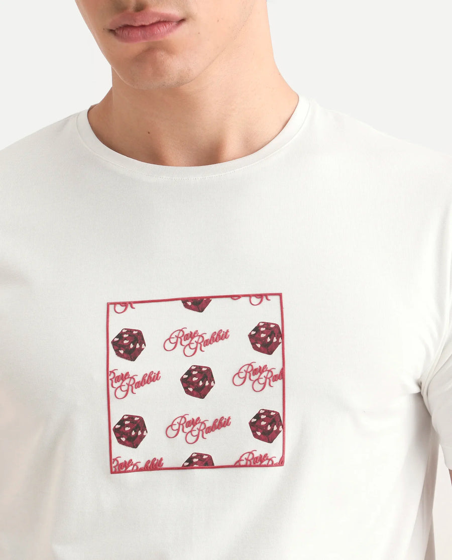 Rare Rabbit Men's Bette Off White Cotton Blend Fabric Half Sleeve Crew Neck Regular Fit Graphic Print T-Shirt