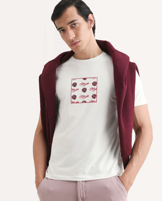 Rare Rabbit Men's Bette Off White Cotton Blend Fabric Half Sleeve Crew Neck Regular Fit Graphic Print T-Shirt