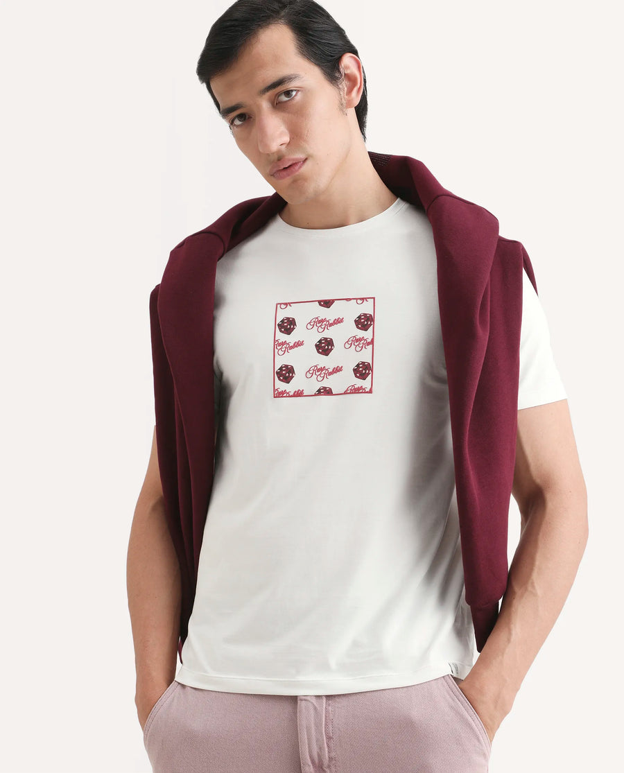 Rare Rabbit Men's Bette Off White Cotton Blend Fabric Half Sleeve Crew Neck Regular Fit Graphic Print T-Shirt