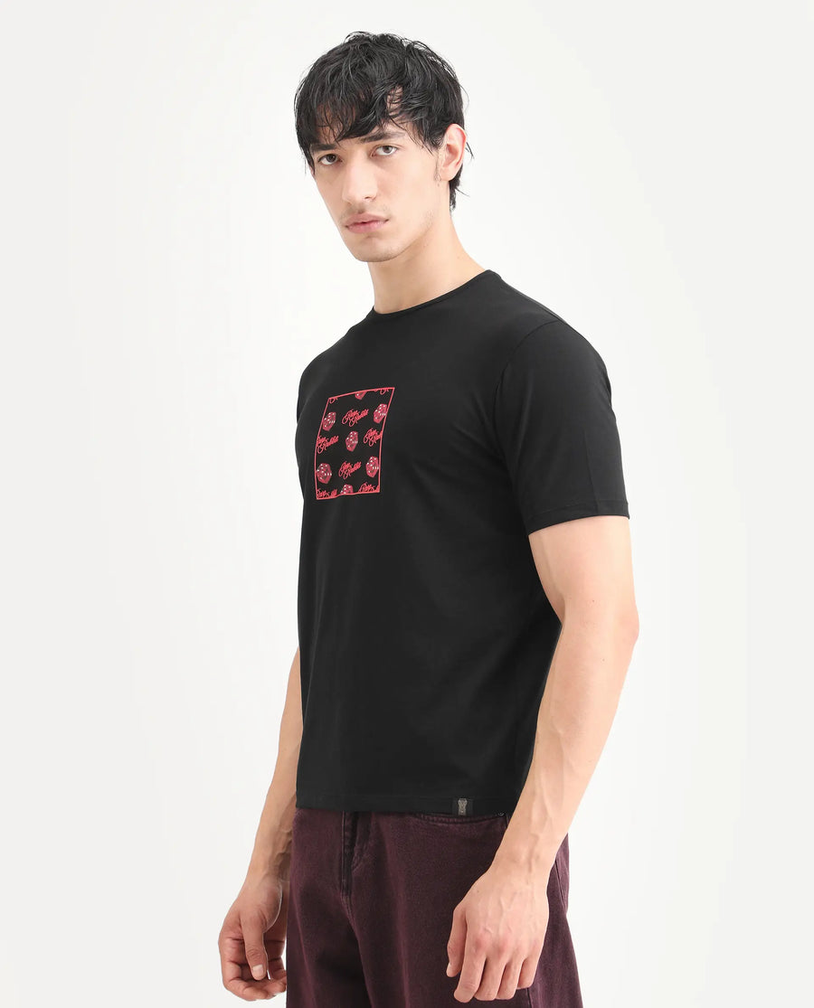 Rare Rabbit Men's Bette Black Cotton Blend Fabric Half Sleeve Crew Neck Regular Fit Graphic Print T-Shirt
