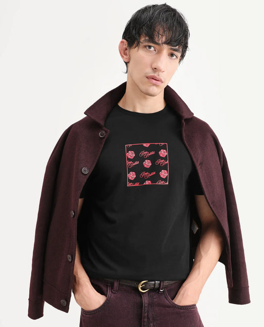 Rare Rabbit Men's Bette Black Cotton Blend Fabric Half Sleeve Crew Neck Regular Fit Graphic Print T-Shirt
