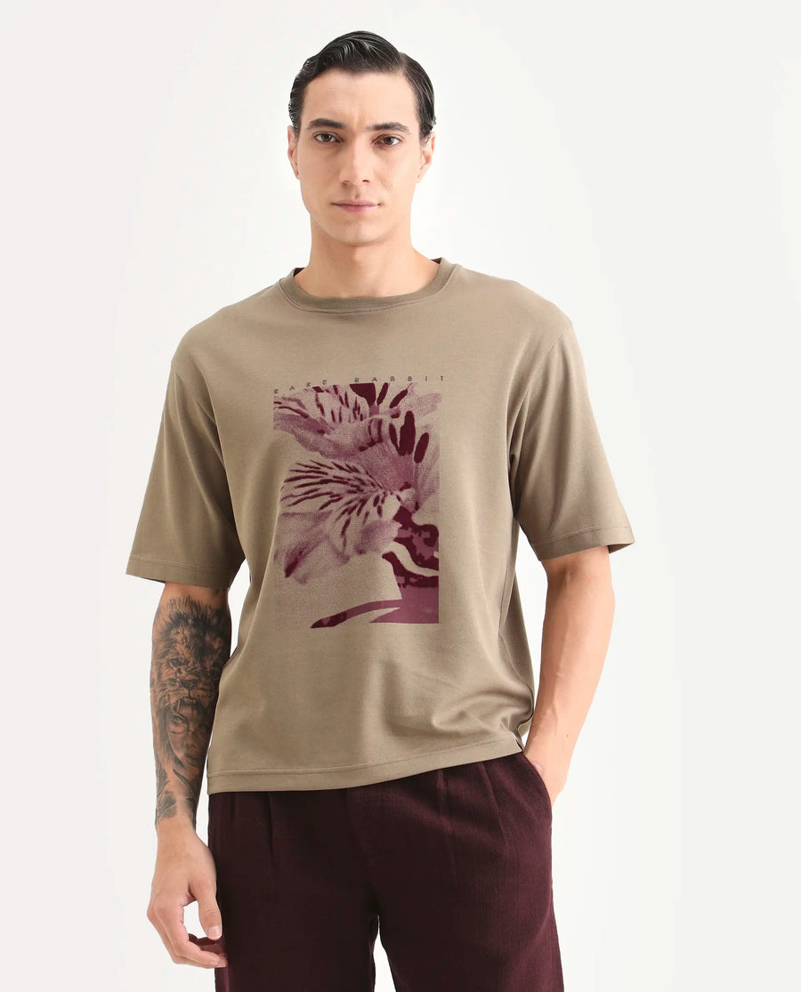 Rare Rabbit Men's Blend Light Olive Cotton Blend Fabric Half Sleeve Crew Neck Oversize Graphic Print T-Shirt