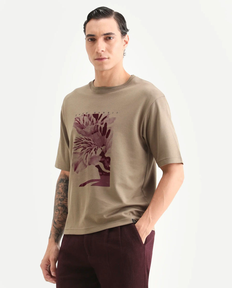 Rare Rabbit Men's Blend Light Olive Cotton Blend Fabric Half Sleeve Crew Neck Oversize Graphic Print T-Shirt