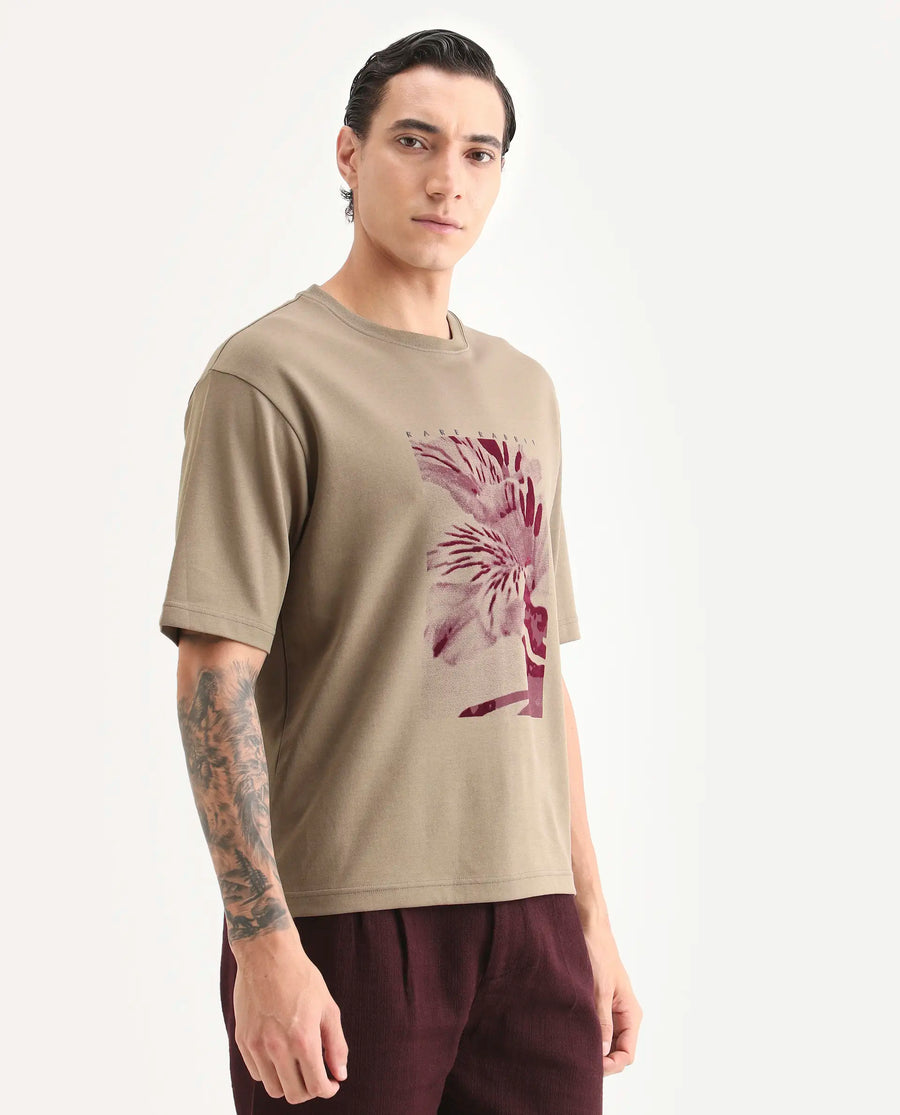 Rare Rabbit Men's Blend Light Olive Cotton Blend Fabric Half Sleeve Crew Neck Oversize Graphic Print T-Shirt