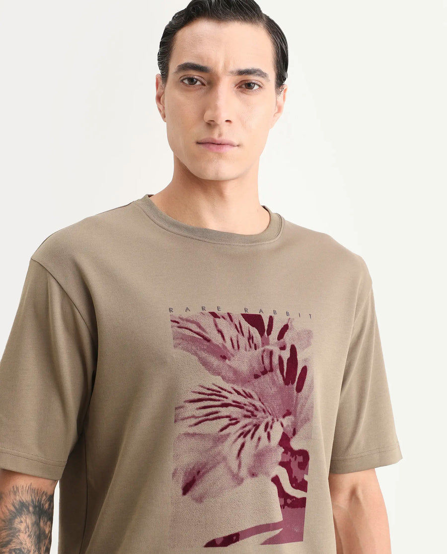 Rare Rabbit Men's Blend Light Olive Cotton Blend Fabric Half Sleeve Crew Neck Oversize Graphic Print T-Shirt