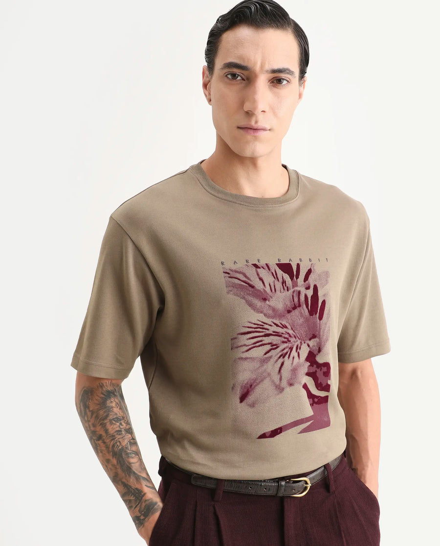 Rare Rabbit Men's Blend Light Olive Cotton Blend Fabric Half Sleeve Crew Neck Oversize Graphic Print T-Shirt