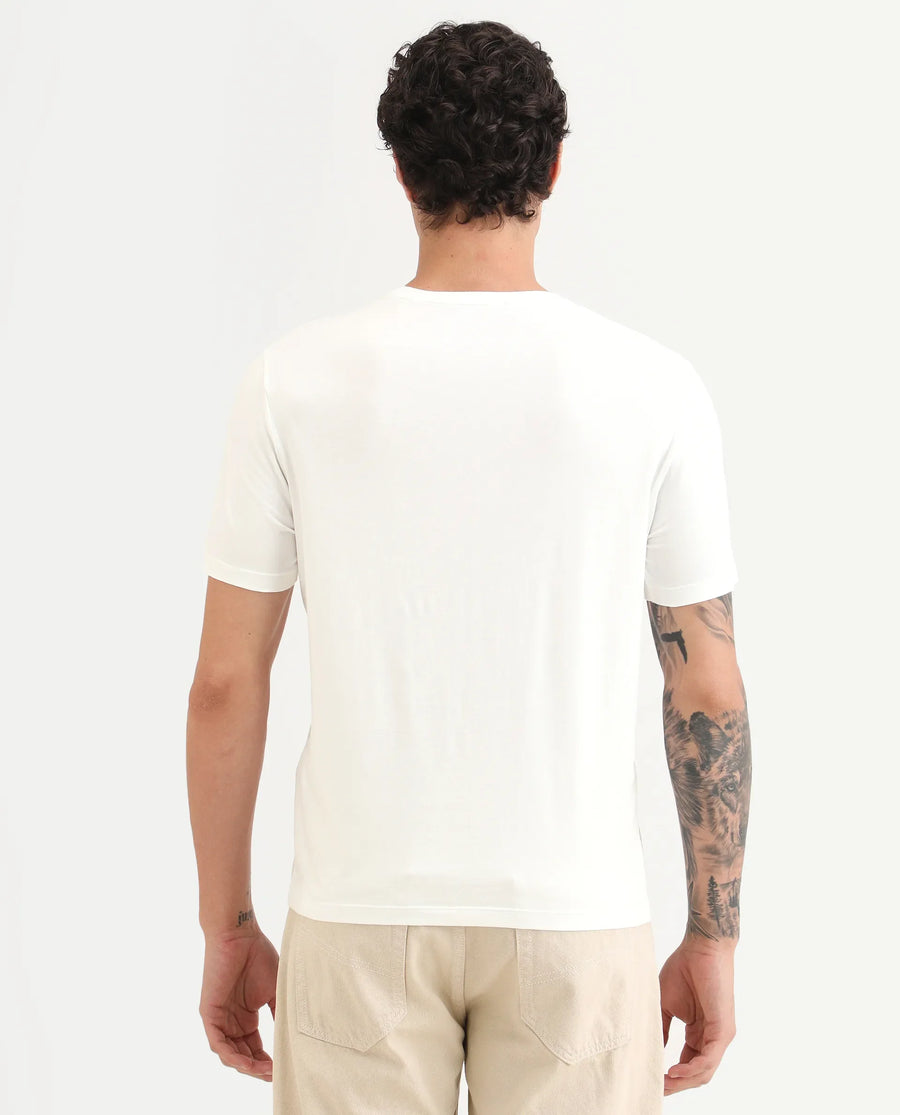 Rare Rabbit Men's Celebrate-S26 White Cotton Blend Fabric Half Sleeve Crew Neck Regular Fit Graphic Print T-Shirt