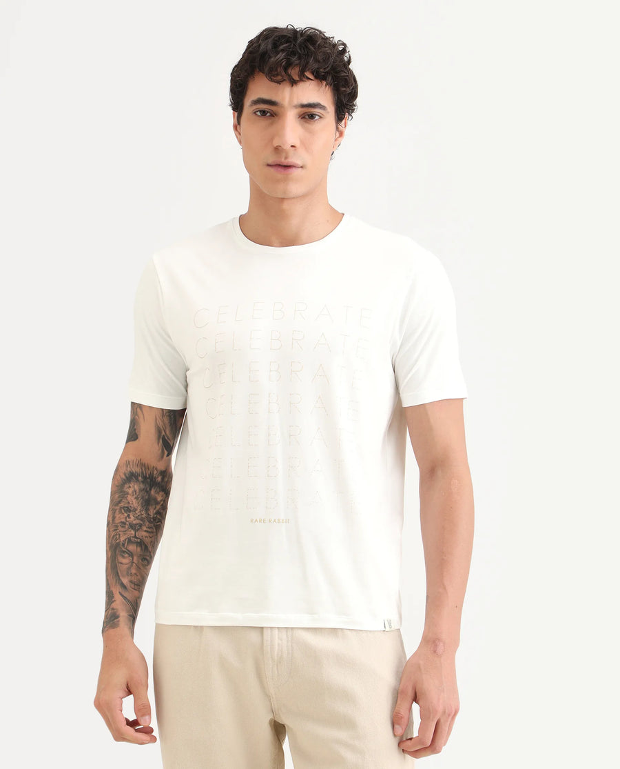 Rare Rabbit Men's Celebrate-S26 White Cotton Blend Fabric Half Sleeve Crew Neck Regular Fit Graphic Print T-Shirt