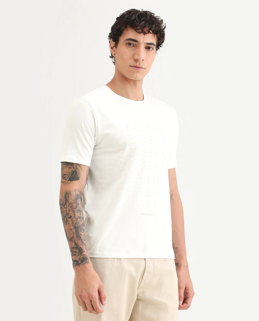 Rare Rabbit Men's Celebrate-S26 White Cotton Blend Fabric Half Sleeve Crew Neck Regular Fit Graphic Print T-Shirt
