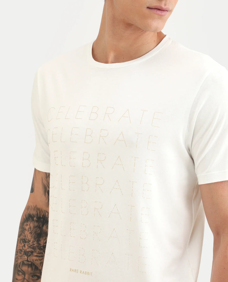 Rare Rabbit Men's Celebrate-S26 White Cotton Blend Fabric Half Sleeve Crew Neck Regular Fit Graphic Print T-Shirt