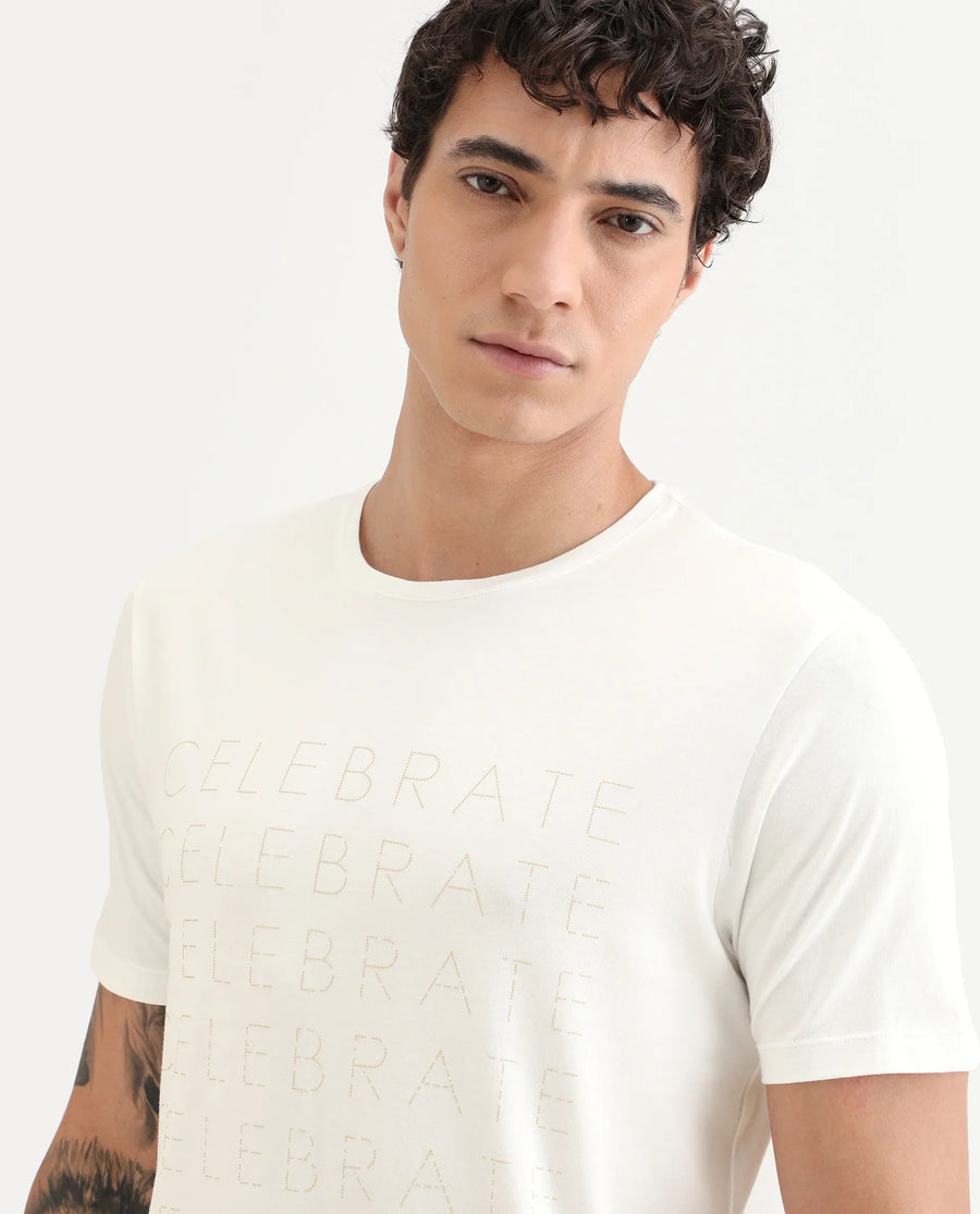 Rare Rabbit Men's Celebrate-S26 White Cotton Blend Fabric Half Sleeve Crew Neck Regular Fit Graphic Print T-Shirt