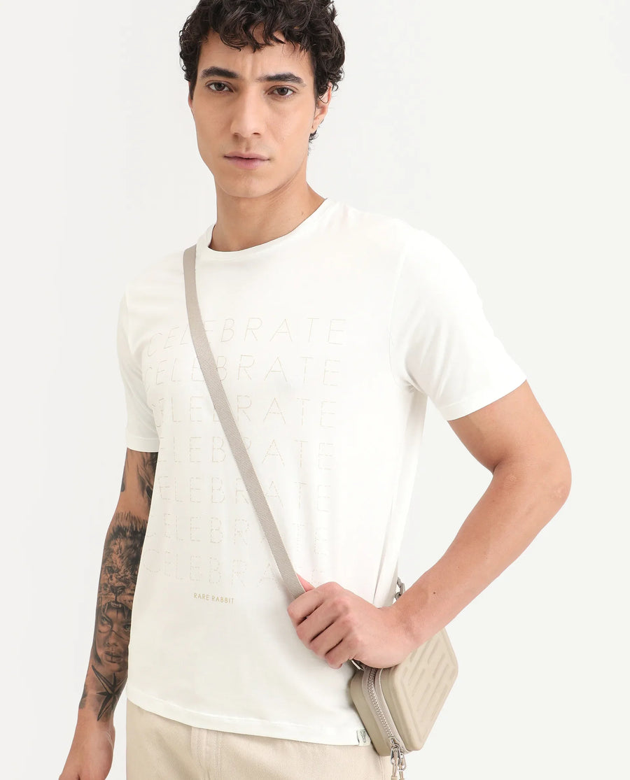Rare Rabbit Men's Celebrate-S26 White Cotton Blend Fabric Half Sleeve Crew Neck Regular Fit Graphic Print T-Shirt