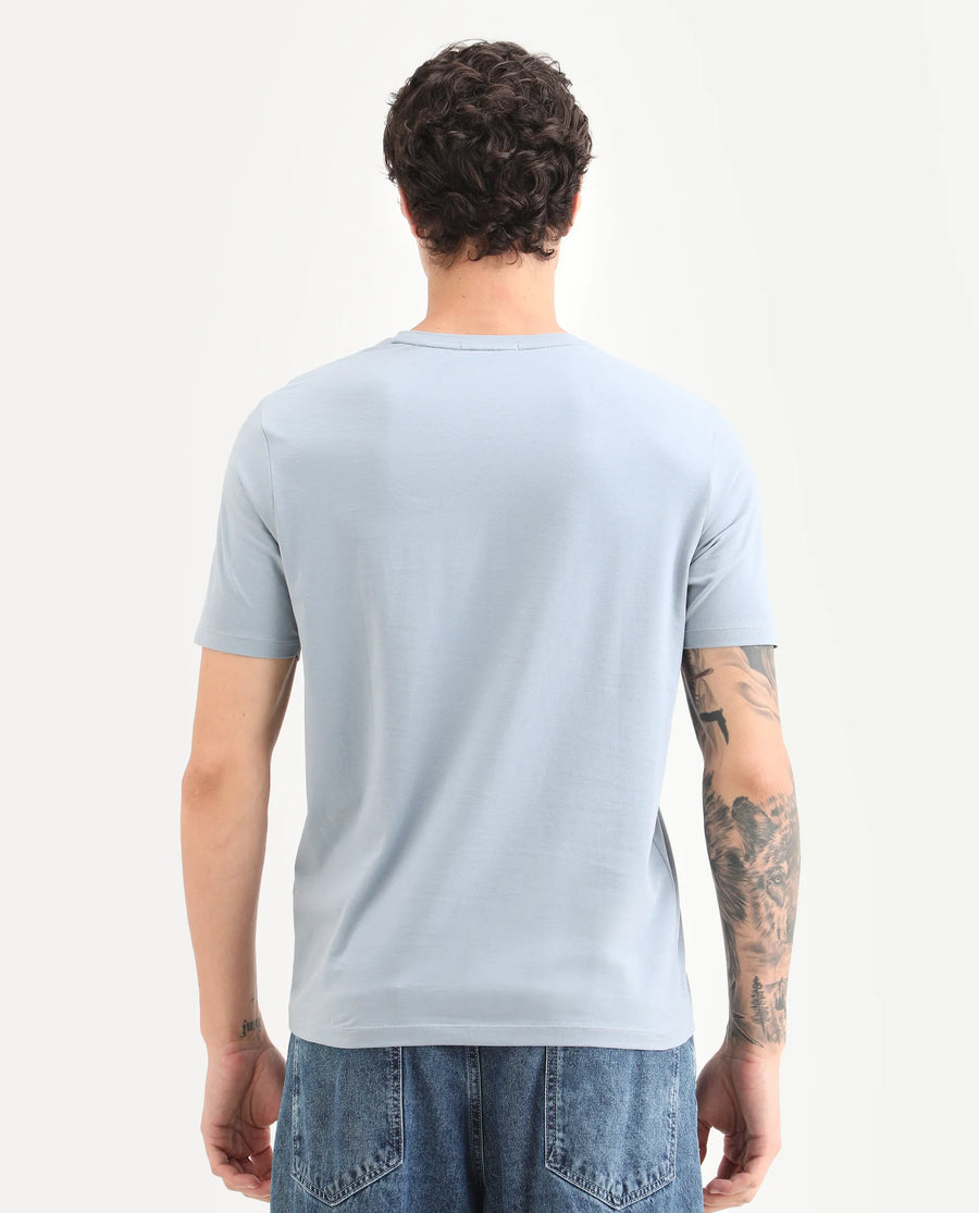 Rare Rabbit Men's Cyro Dusky Blue Cotton Blend Fabric Half Sleeve Crew Neck Regular Fit Graphic Print T-Shirt