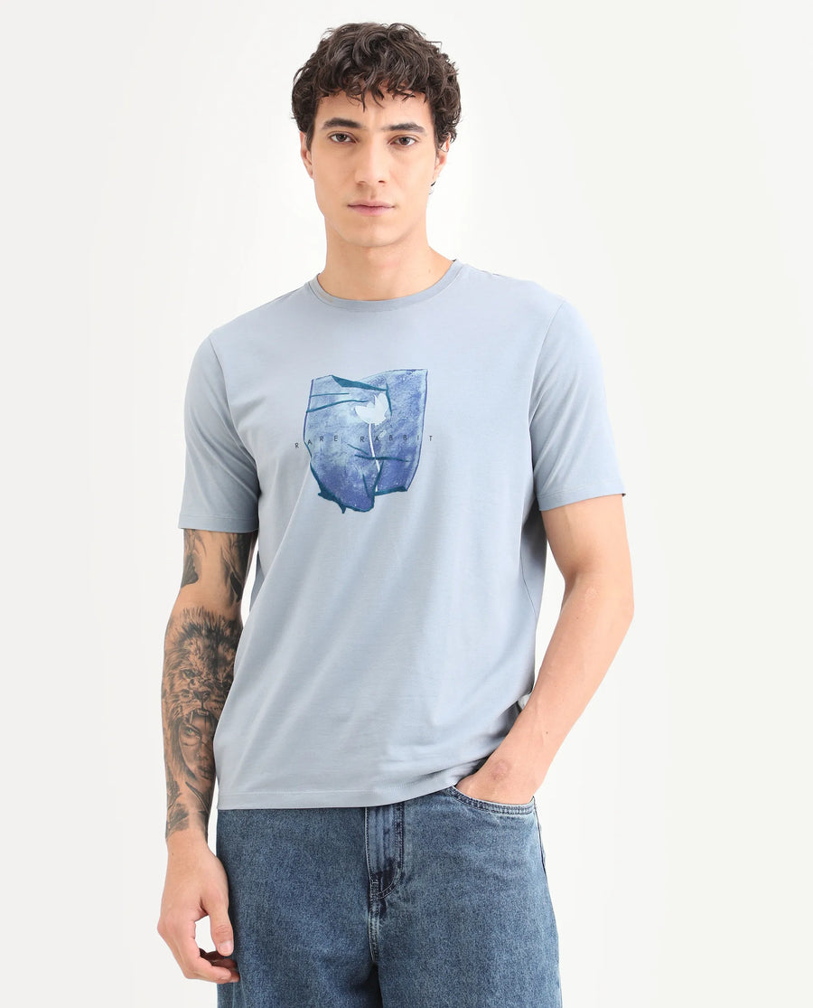 Rare Rabbit Men's Cyro Dusky Blue Cotton Blend Fabric Half Sleeve Crew Neck Regular Fit Graphic Print T-Shirt