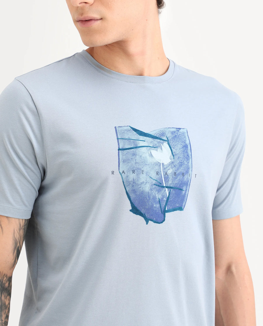 Rare Rabbit Men's Cyro Dusky Blue Cotton Blend Fabric Half Sleeve Crew Neck Regular Fit Graphic Print T-Shirt