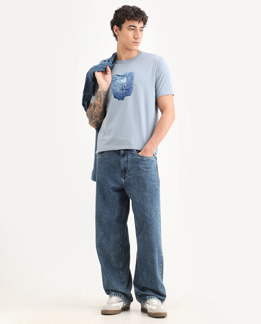 Rare Rabbit Men's Cyro Dusky Blue Cotton Blend Fabric Half Sleeve Crew Neck Regular Fit Graphic Print T-Shirt