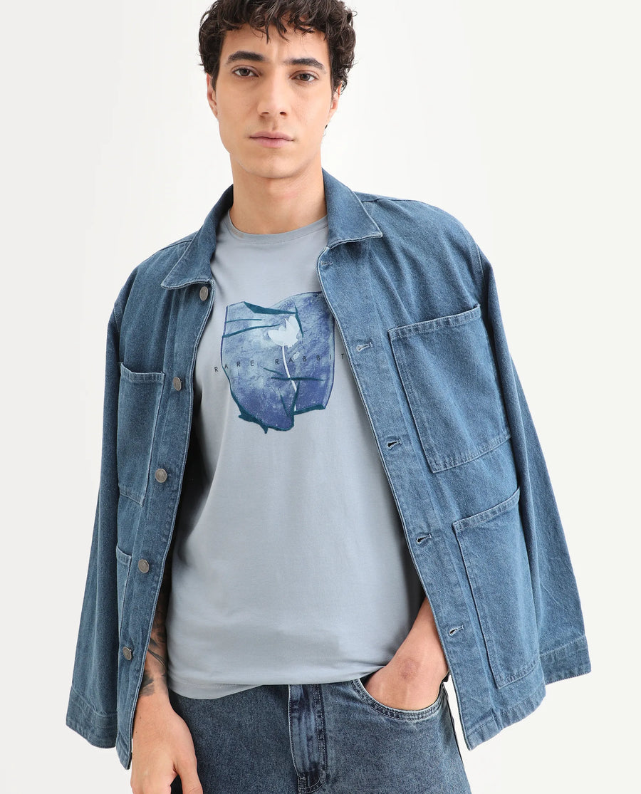 Rare Rabbit Men's Cyro Dusky Blue Cotton Blend Fabric Half Sleeve Crew Neck Regular Fit Graphic Print T-Shirt