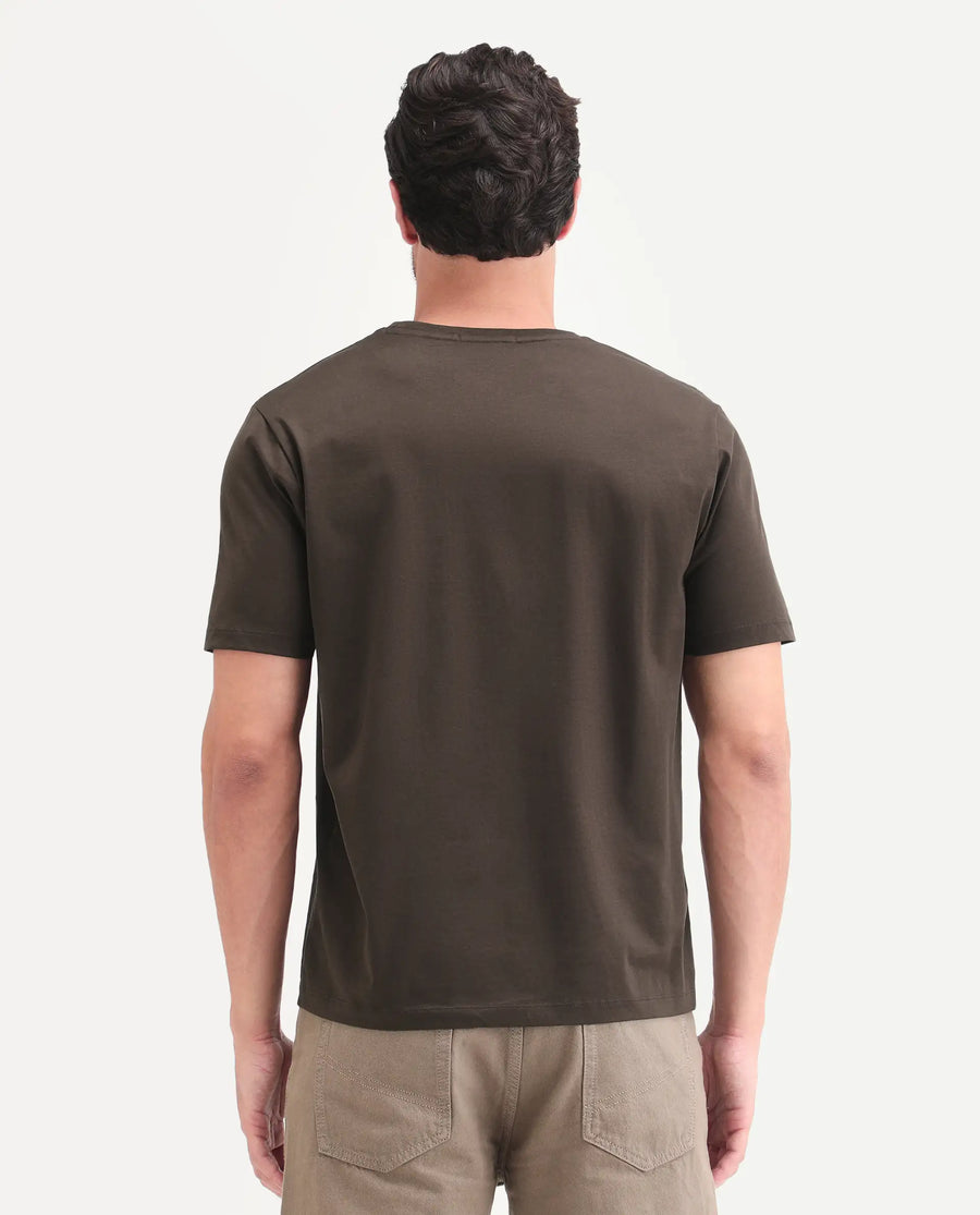Rare Rabbit Men's Deb Dark Brown Cotton Fabric Half Sleeve Crew Neck Regular Fit Graphic Print T-Shirt