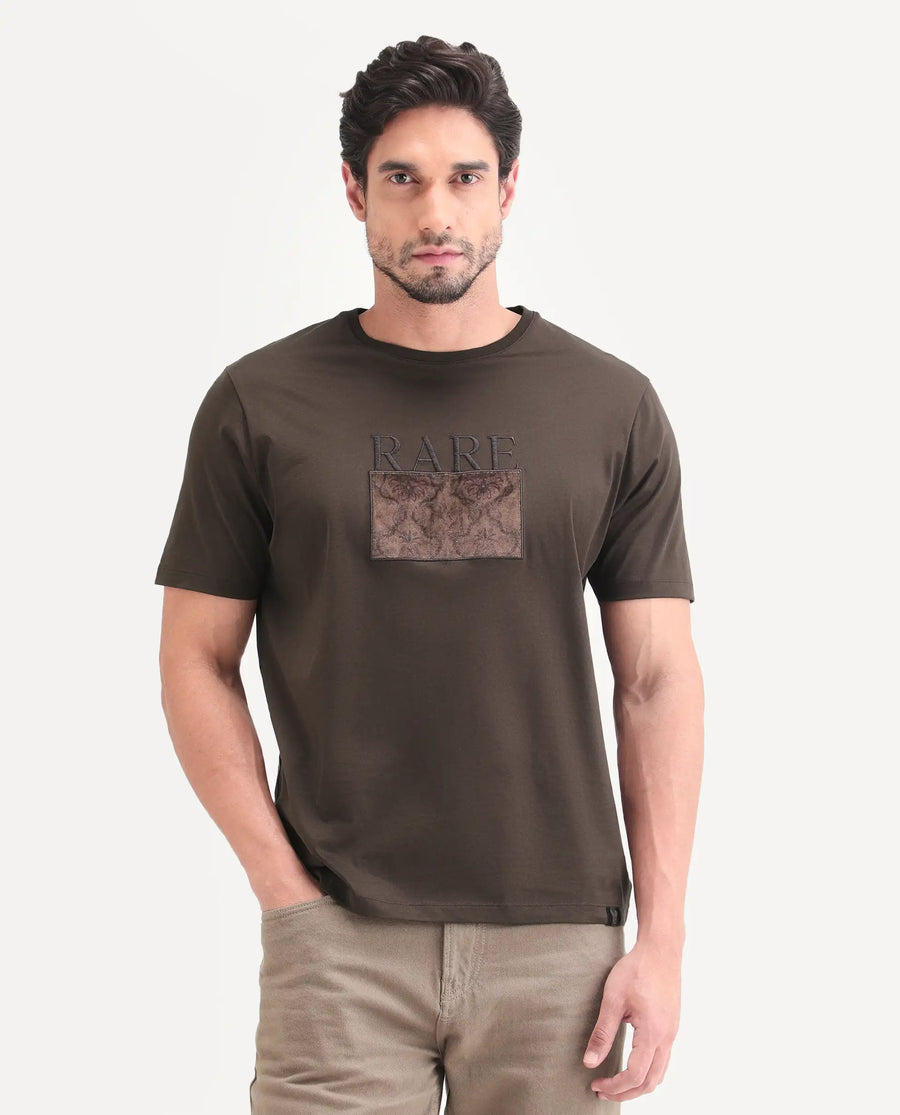 Rare Rabbit Men's Deb Dark Brown Cotton Fabric Half Sleeve Crew Neck Regular Fit Graphic Print T-Shirt