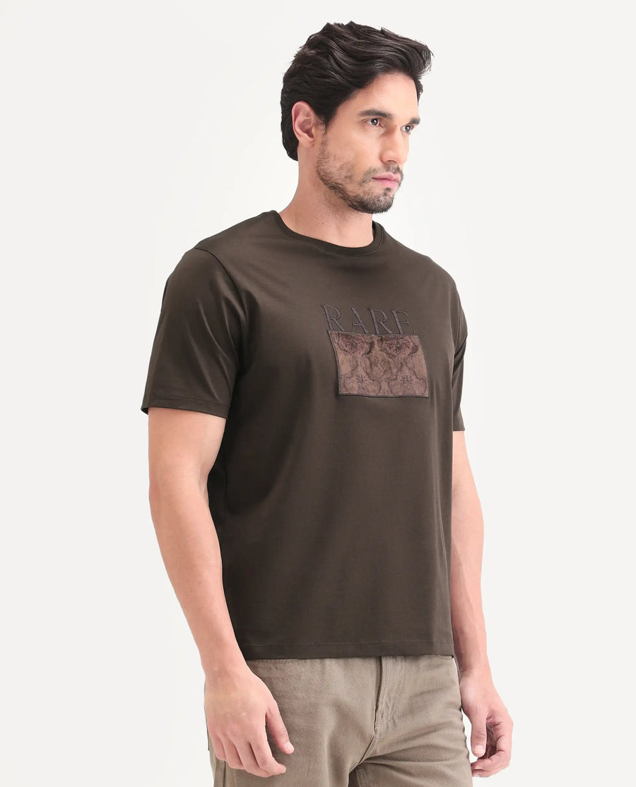 Rare Rabbit Men's Deb Dark Brown Cotton Fabric Half Sleeve Crew Neck Regular Fit Graphic Print T-Shirt