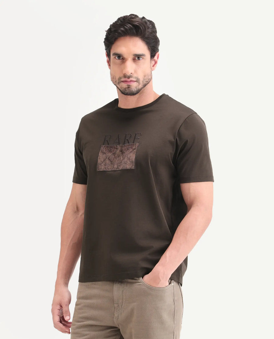 Rare Rabbit Men's Deb Dark Brown Cotton Fabric Half Sleeve Crew Neck Regular Fit Graphic Print T-Shirt